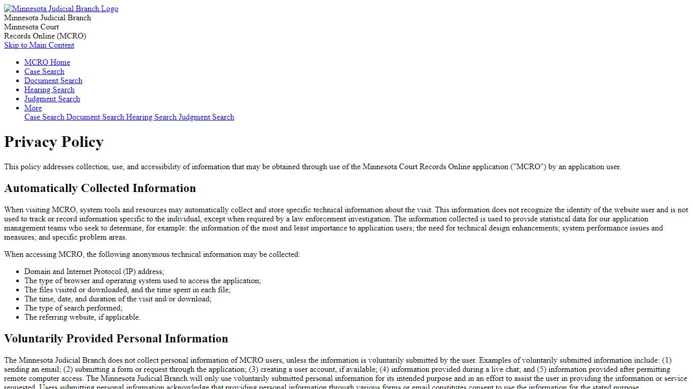 Privacy Policy - Minnesota Court Records Online (MCRO)